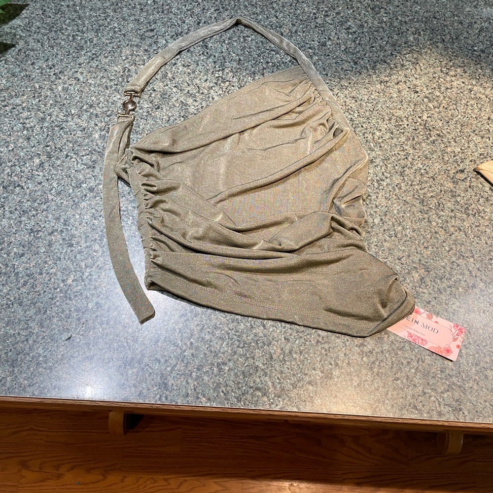 SHEIN Mod Size Medium metallic Olive Green Ruched Top with Clasp NEW